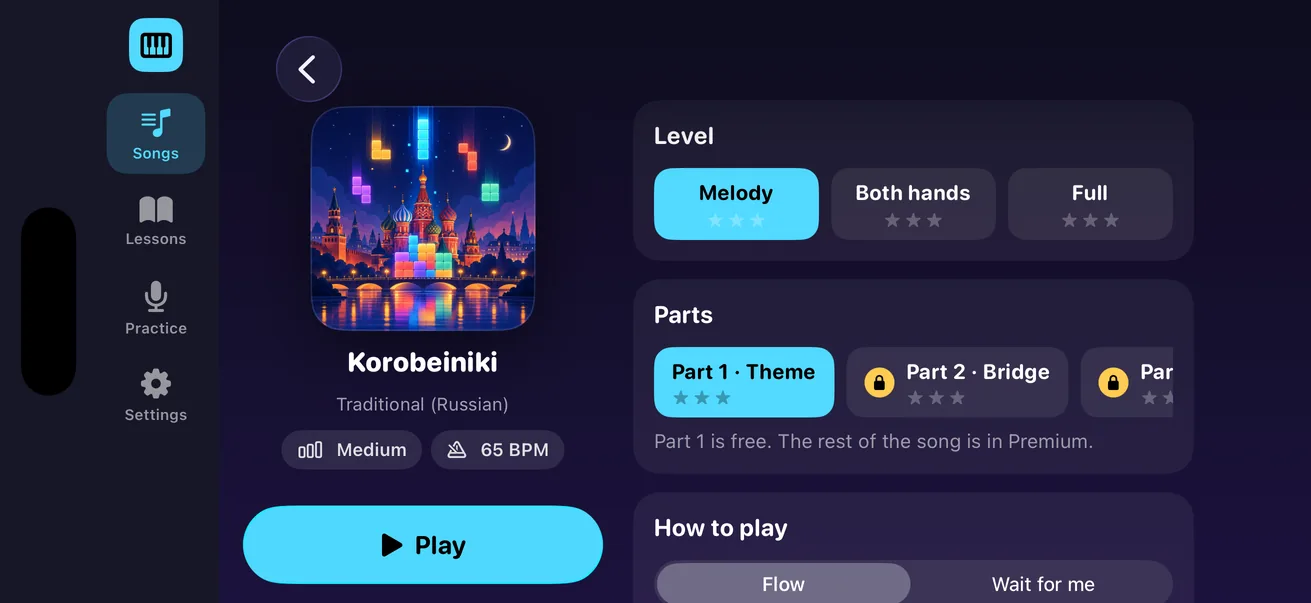 Song screen with level and part selection