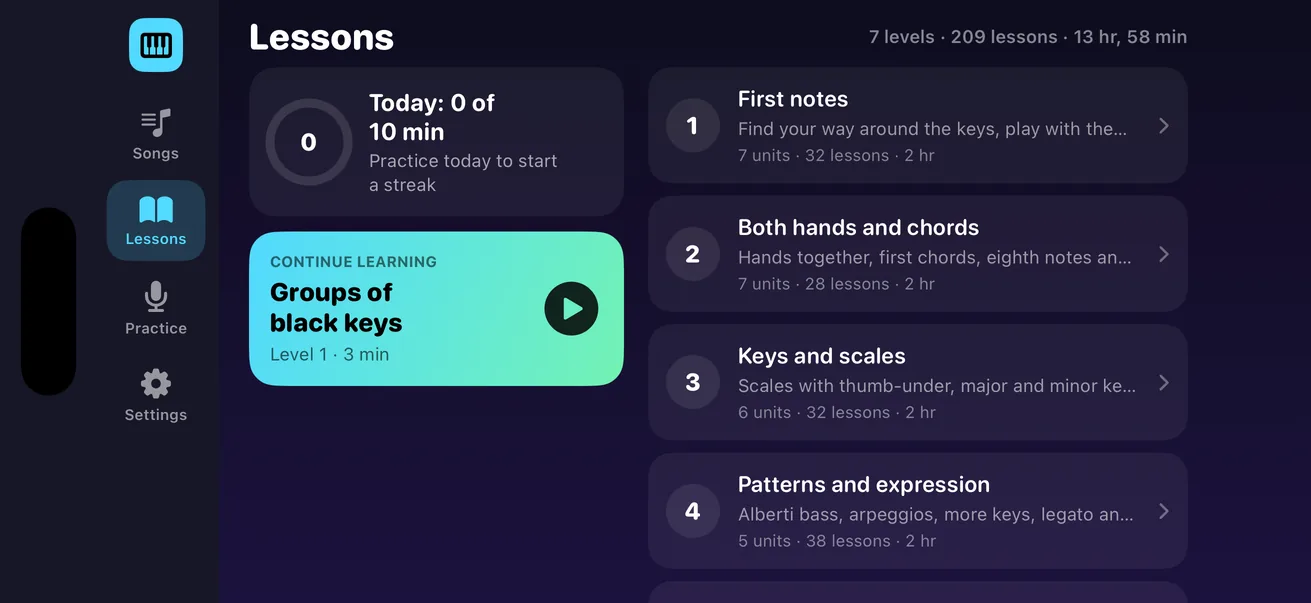 Lessons screen with seven levels