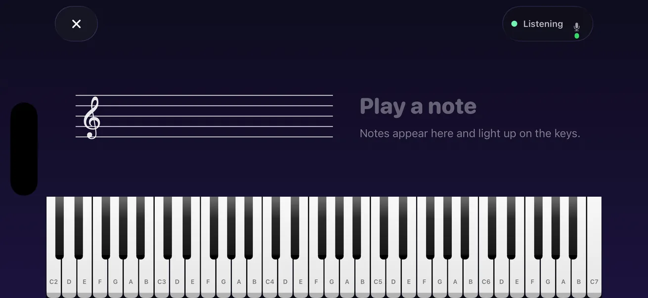 Practice screen with staff and keyboard